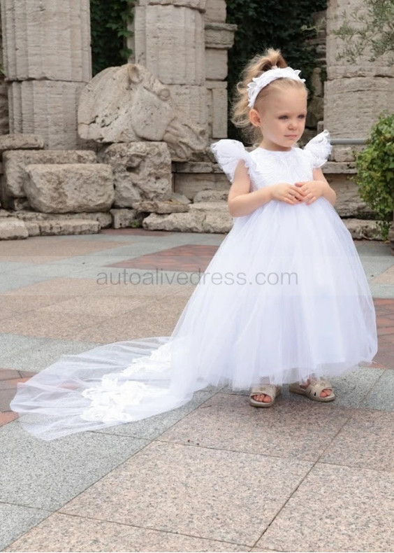 Feifei Sleeves White Lace Tulle Flower Girl Dress Communion Dress